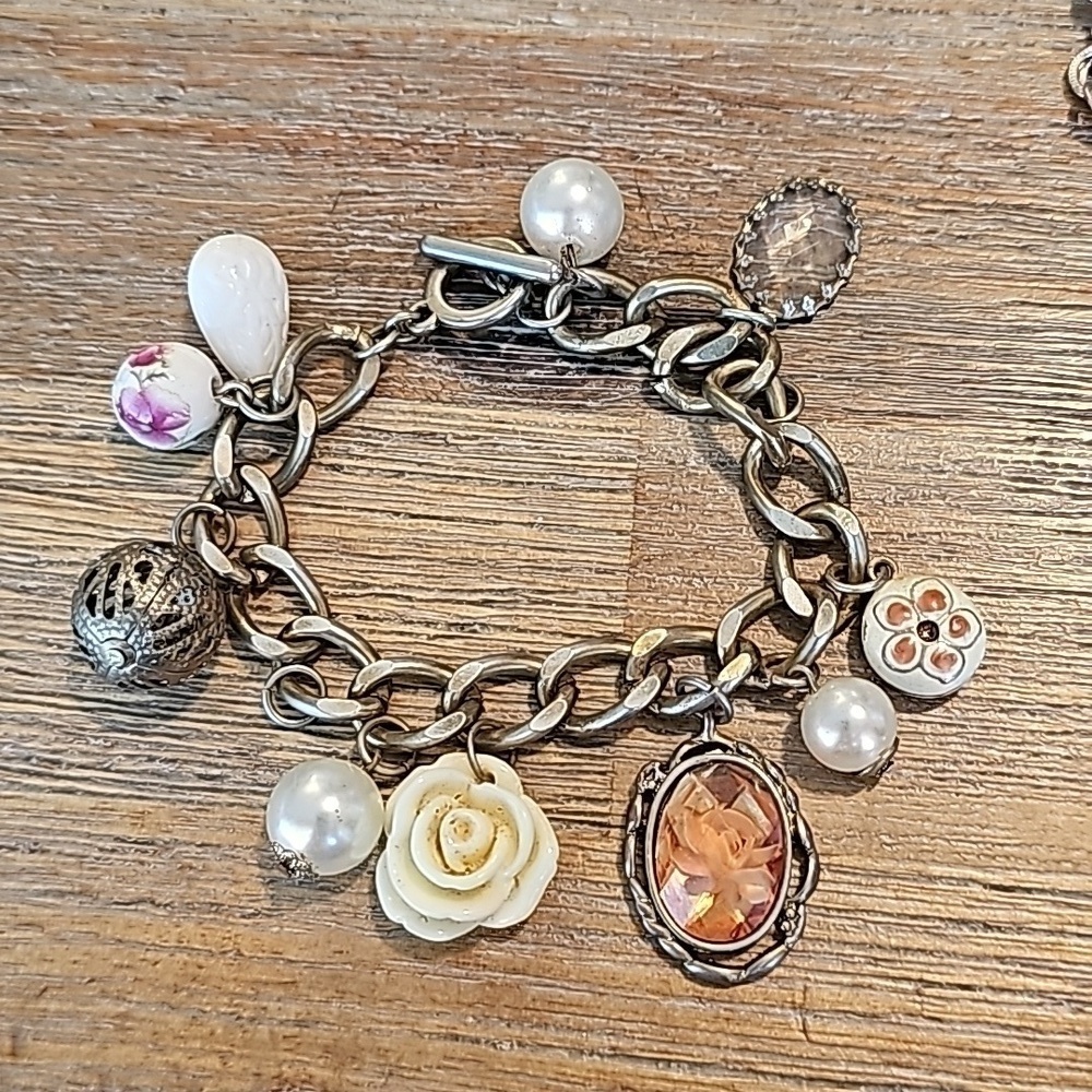 Vintage Inspired Antique Industrial Cameo Beads Flower Charm Bracelet